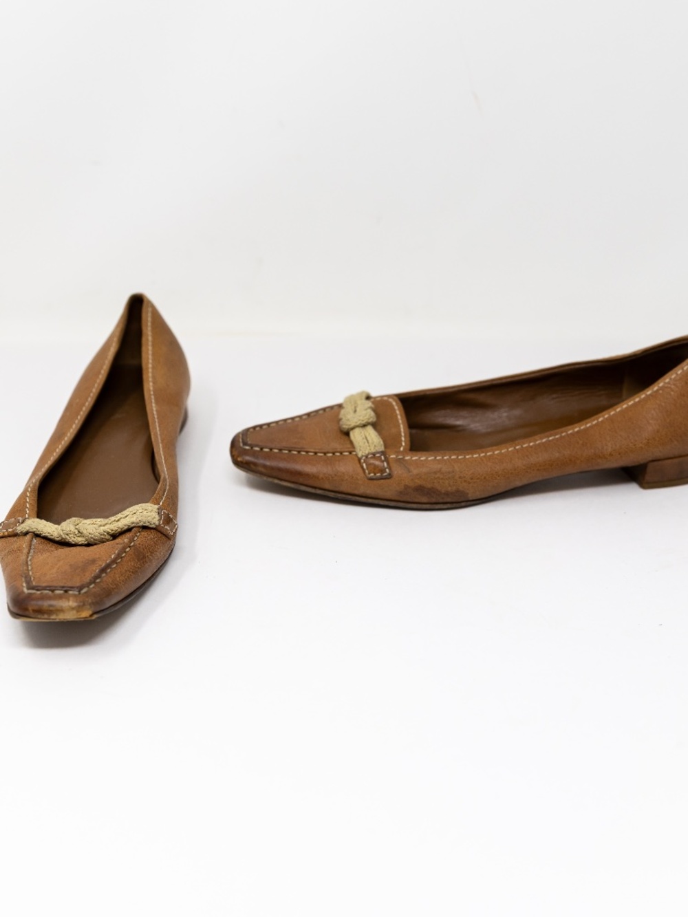 Prada Vintage Genuine Leather Made In Italy Rope Tie Slip On Flats Shoes Brown